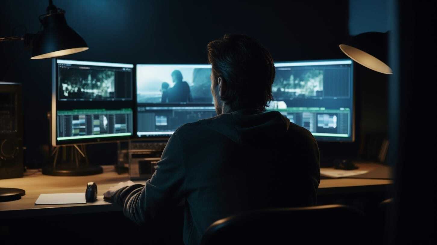 A man in the center of the picture behind the camera and editing video on his desk in a dark room.